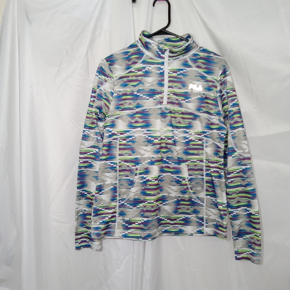 Fila Tops - FILA Quarter Zip Pullover Geometric Neon Colors Fleece Lined Womens Size Large